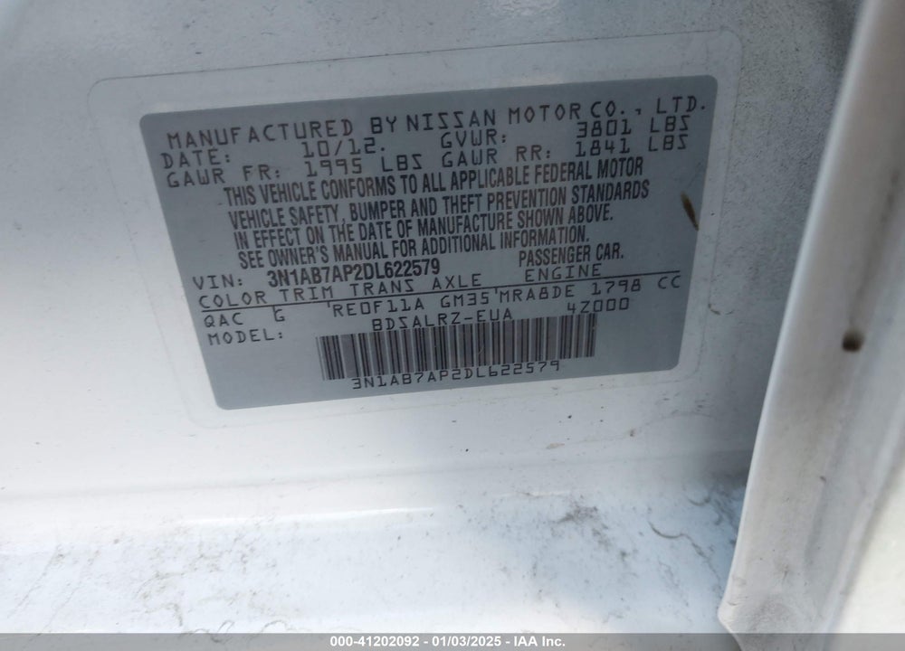 2013 NISSAN SENTRA VIN: 3N1AB7AP2DL622579
