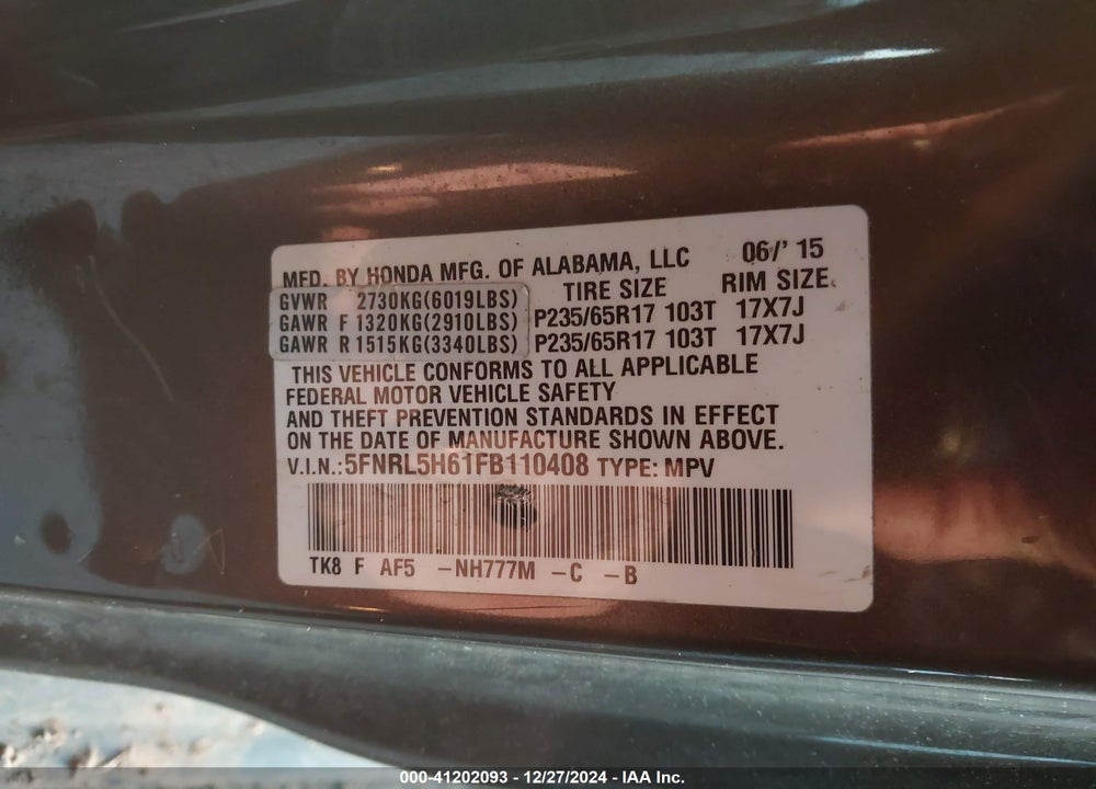 2015 HONDA ODYSSEY EX-L VIN: 5FNRL5H61FB110408