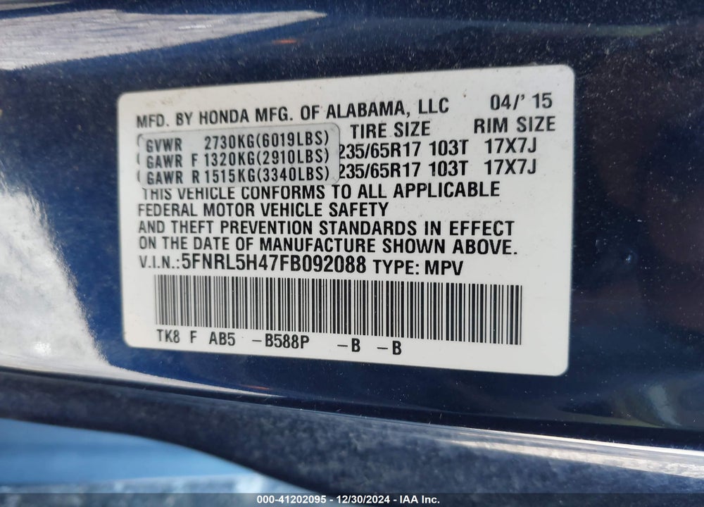 2015 HONDA ODYSSEY EX VIN: 5FNRL5H47FB092088