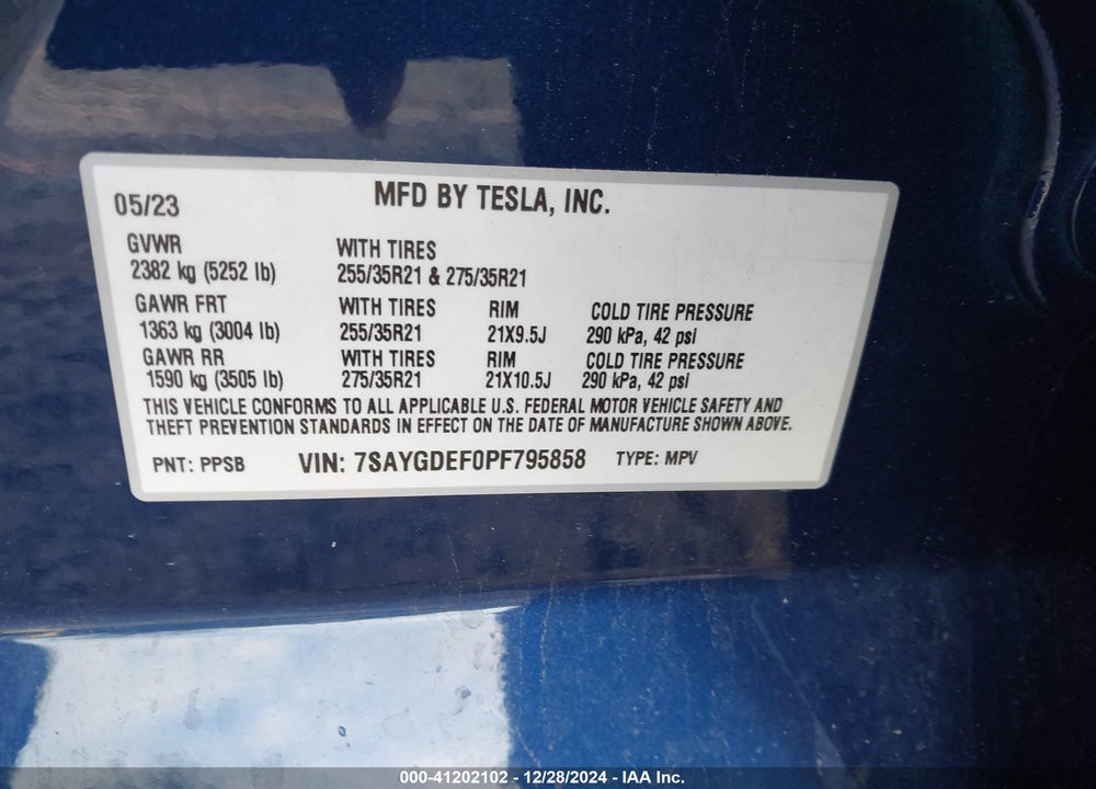 2023 TESLA MODEL Y PERFORMANCE DUAL MOTOR ALL-WHEEL DRIVE VIN: 7SAYGDEF0PF795858