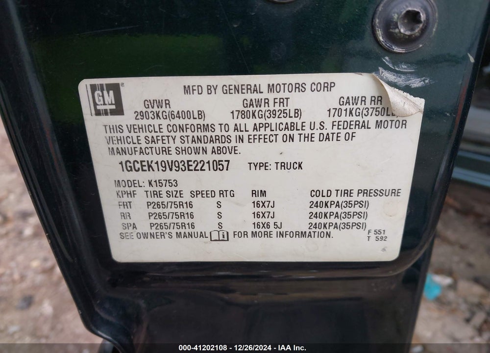 2003 CHEVROLET SILVERADO 1500 LS VIN: 1GCEK19V93E221057