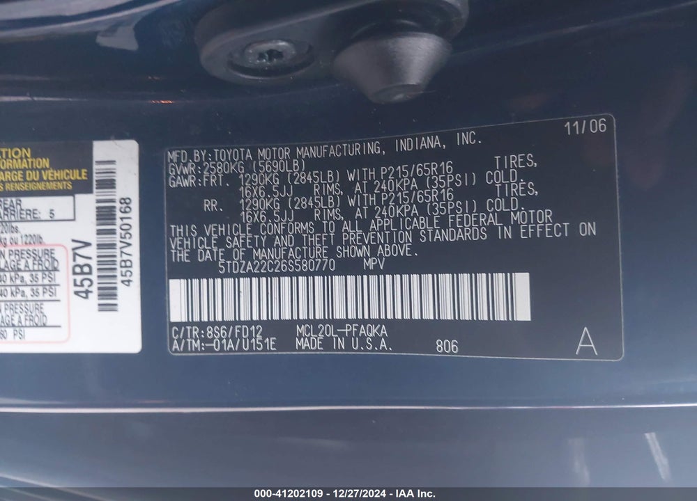 2006 TOYOTA SIENNA XLE VIN: 5TDZA22C26S580770
