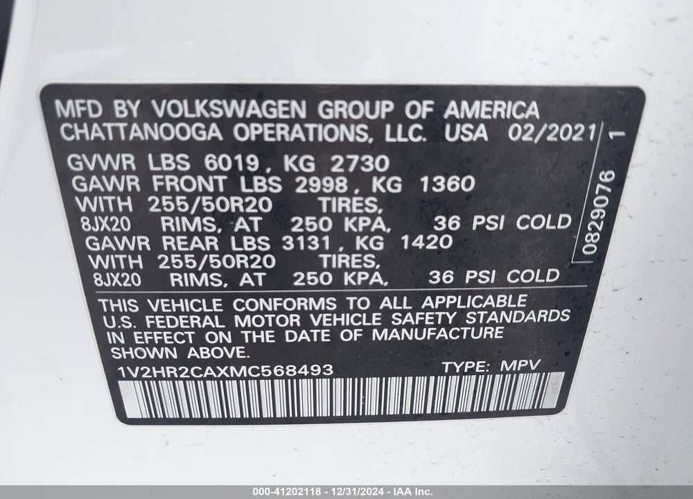 2021 VOLKSWAGEN ATLAS 3.6L V6 SE W/TECHNOLOGY VIN: 1V2HR2CAXMC568493
