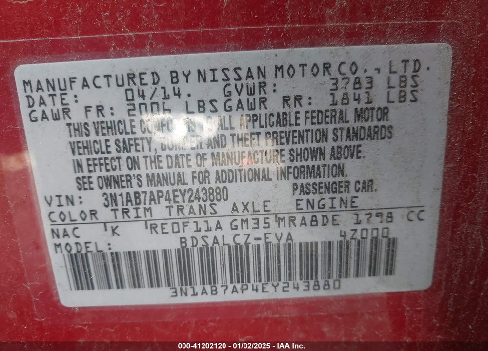2014 NISSAN SENTRA S VIN: 3N1AB7AP4EY243880