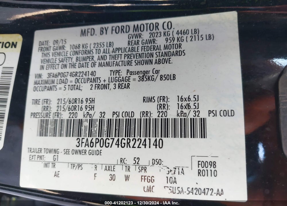 2016 FORD FUSION VIN: 3FA6P0G74GR224140