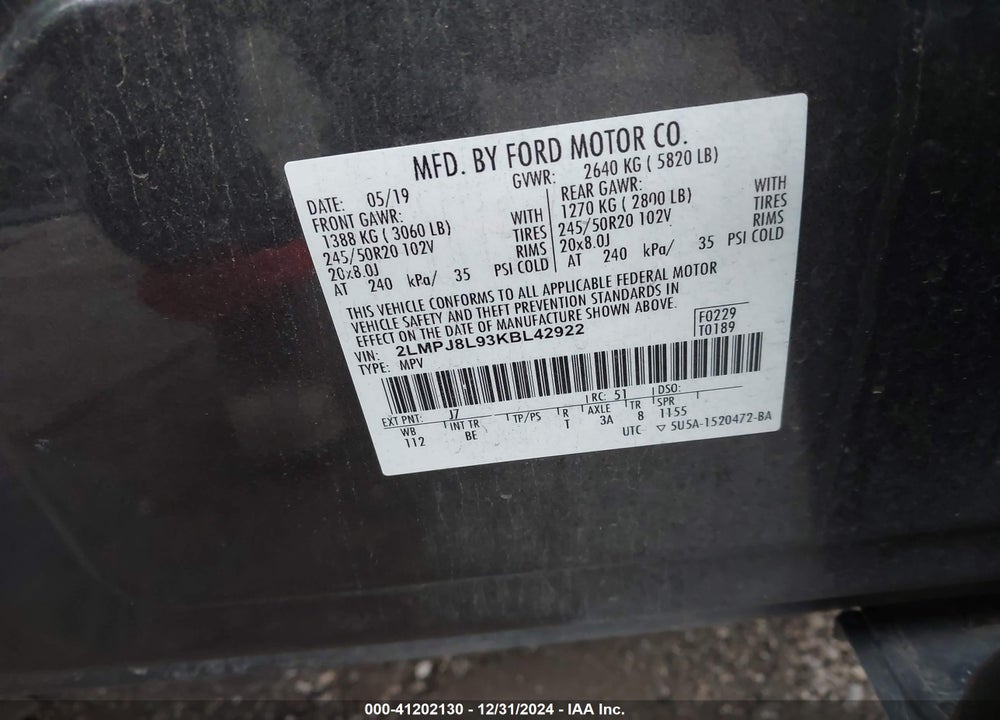 2019 LINCOLN NAUTILUS RESERVE VIN: 2LMPJ8L93KBL42922