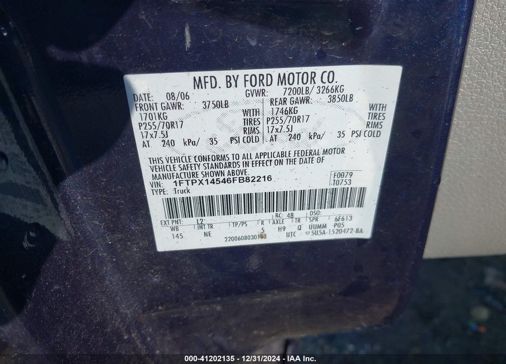 2006 FORD F-150 FX4/LARIAT/XL/XLT VIN: 1FTPX14546FB82216