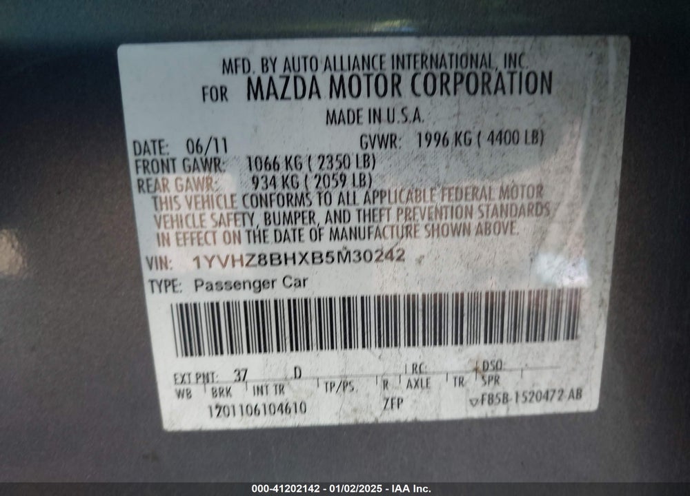 2011 MAZDA 6 I SPORT VIN: 1YVHZ8BHXB5M30242
