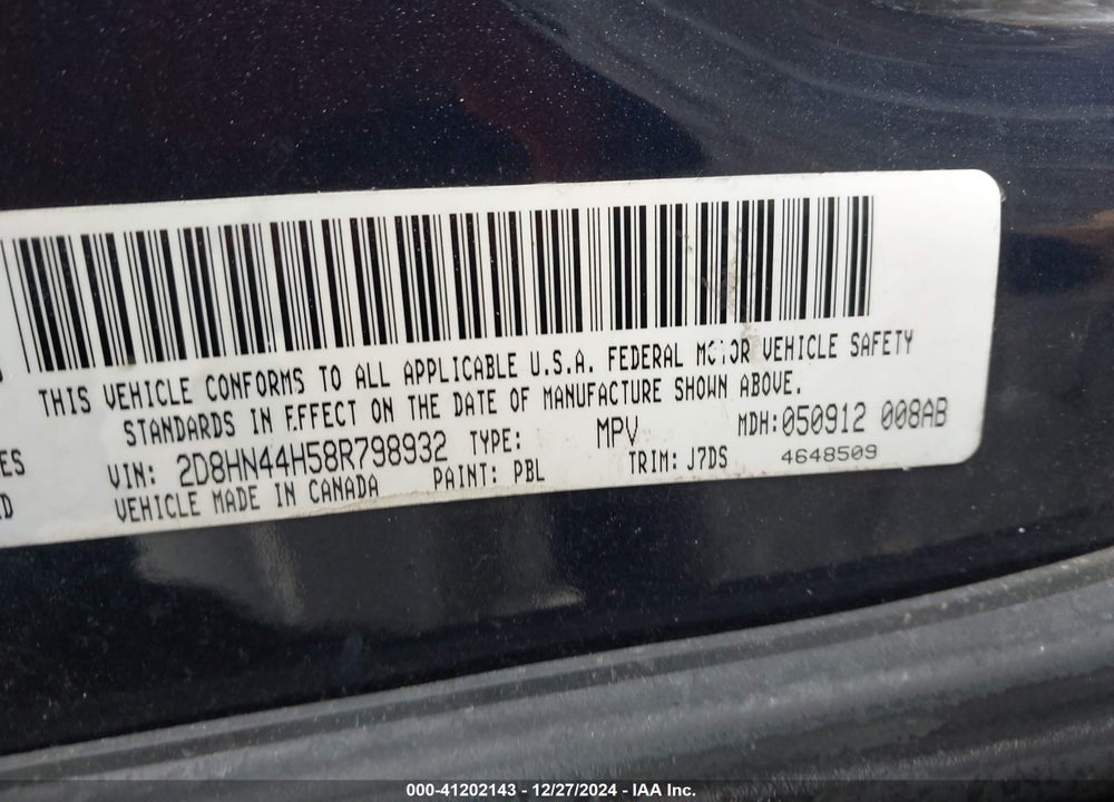 2008 DODGE GRAND CARAVAN SE VIN: 2D8HN44H58R798932