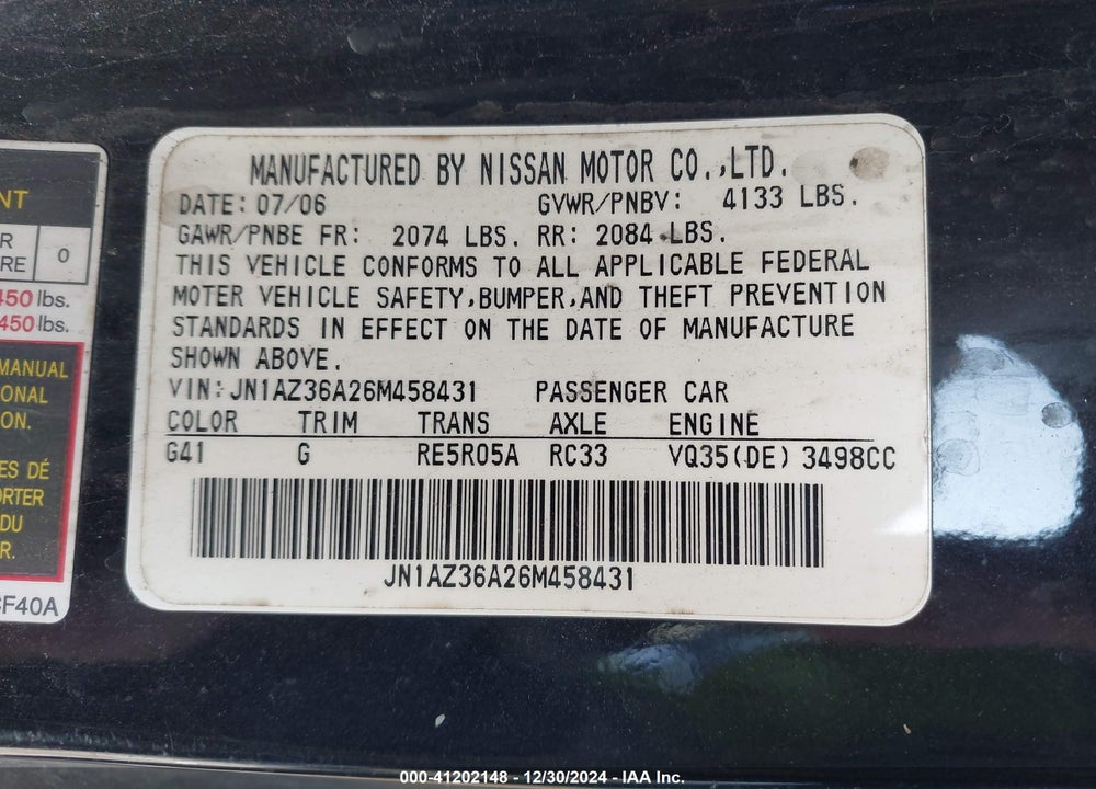 2006 NISSAN 350Z TOURING VIN: JN1AZ36A26M458431