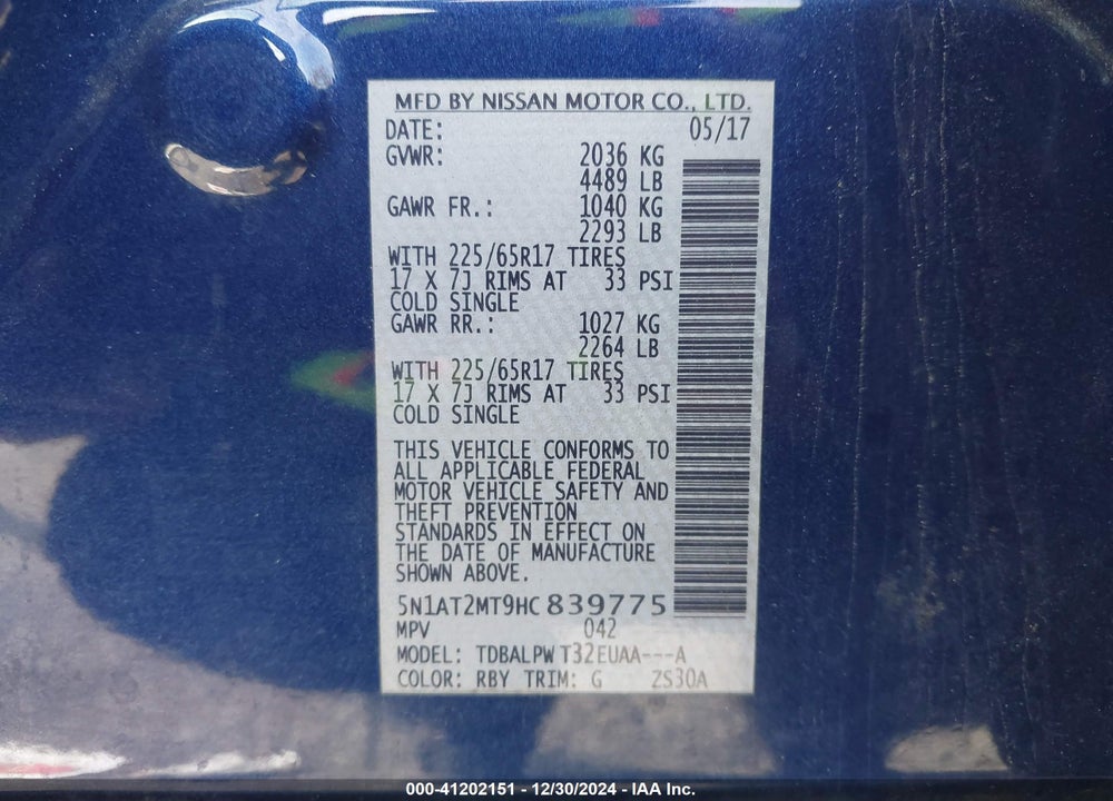 2017 NISSAN ROGUE VIN: 5N1AT2MT9HC839775