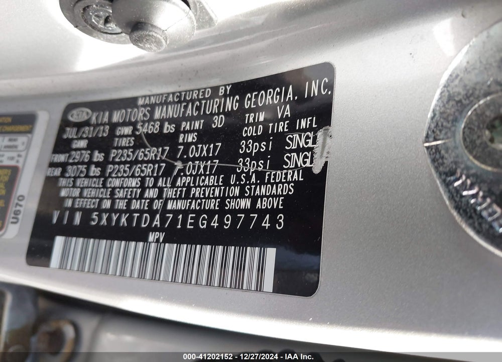 2014 KIA SORENTO LX V6 VIN: 5XYKTDA71EG497743