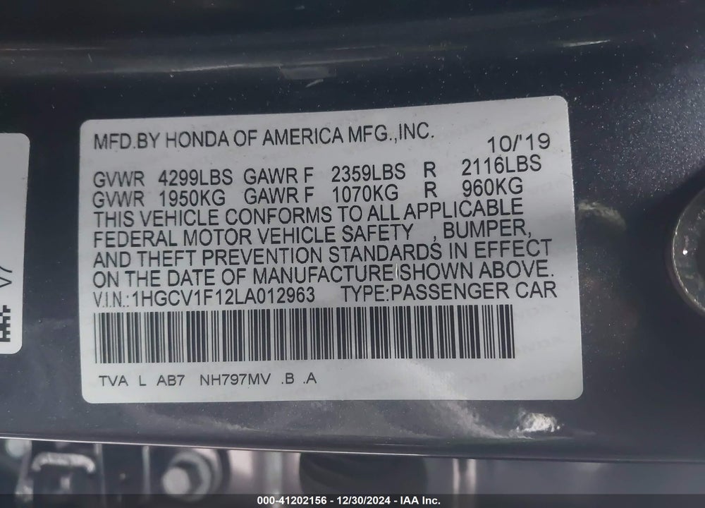 2020 HONDA ACCORD VIN: 1HGCV1F12LA012963