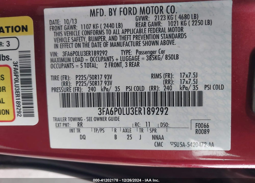 2014 FORD FUSION HYBRID VIN: 3FA6P0LU3ER189292