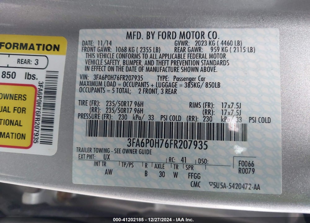 2015 FORD FUSION VIN: 3FA6P0H76FR207935