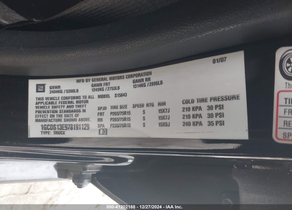 2007 CHEVROLET COLORADO LT VIN: 1GCDS13E978191129