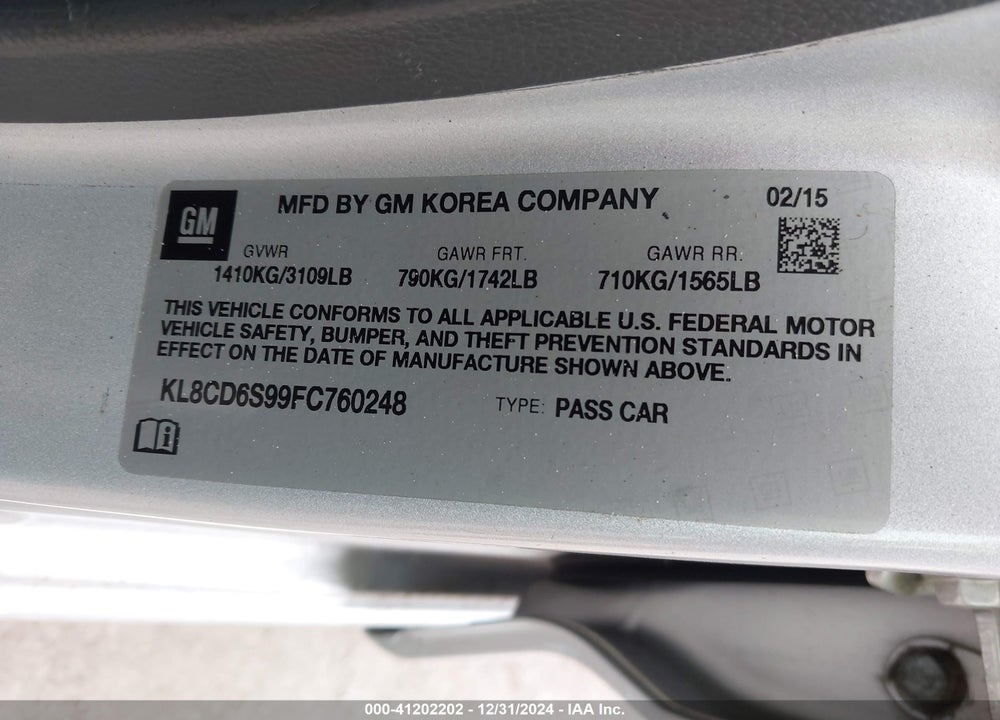 2015 CHEVROLET SPARK 1LT CVT VIN: KL8CD6S99FC760248