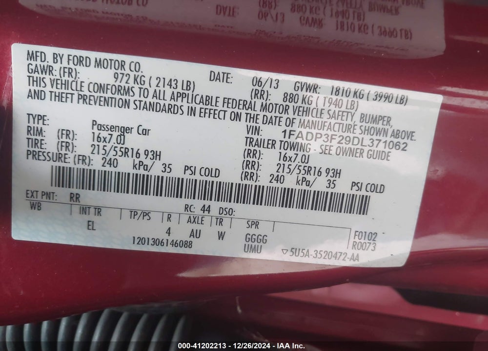 2013 FORD FOCUS SE VIN: 1FADP3F29DL371062