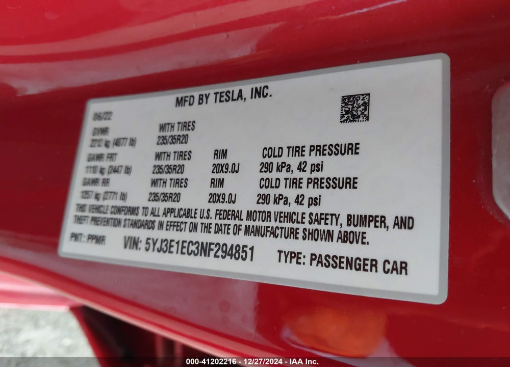 2022 TESLA MODEL 3 VIN: 5YJ3E1EC3NF294851