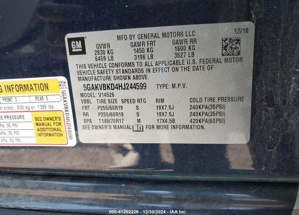 2017 BUICK ENCLAVE LEATHER VIN: 5GAKVBKD4HJ244599