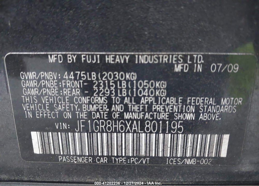 2010 SUBARU IMPREZA WRX VIN: JF1GR8H6XAL801195
