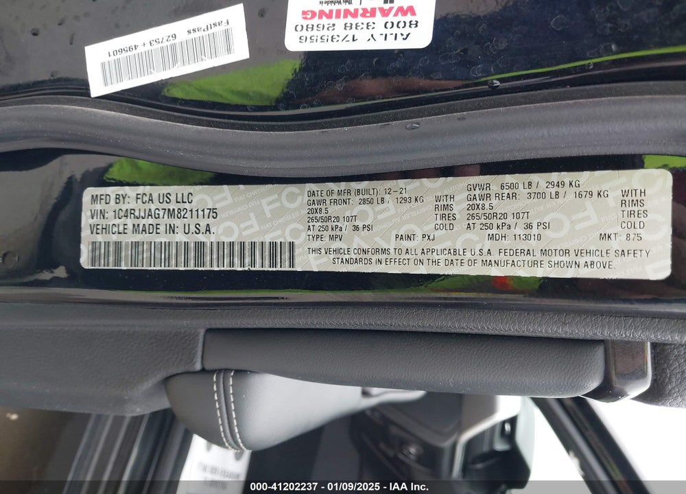 2021 JEEP GRAND CHEROKEE L ALTITUDE 4X2 VIN: 1C4RJJAG7M8211175