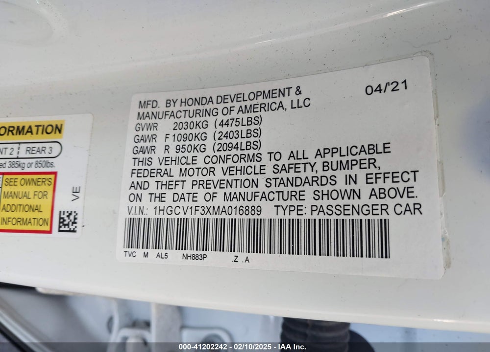 2021 HONDA ACCORD SEDAN VIN: 1HGCV2F3XMA016980