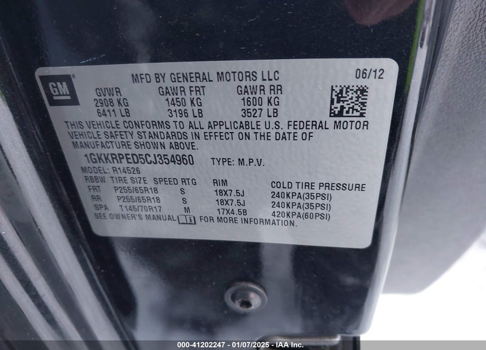 2012 GMC ACADIA SLE VIN: 1GKKRPED5CJ354960