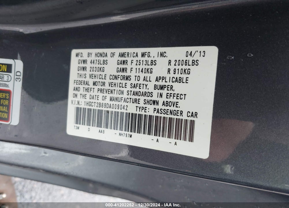 2013 HONDA ACCORD VIN: 1HGCT2B89DA009042