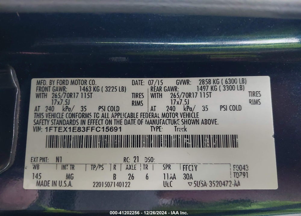 2015 FORD F-150 VIN: 1FTEX1E83FFC15691