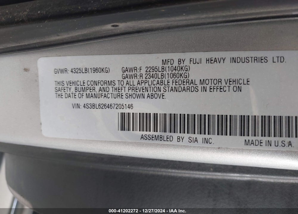 2006 SUBARU LEGACY VIN: 4S3BL626467205146