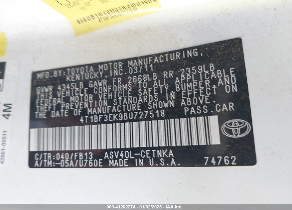 2011 TOYOTA CAMRY LE VIN: 4T1BF3EK9BU727518