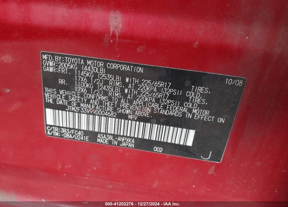 2009 TOYOTA RAV4 VIN: JTMZF33V99D004682