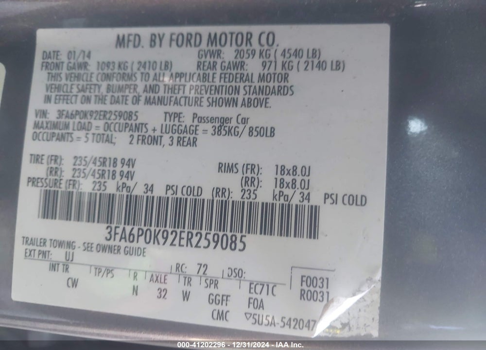 2014 FORD FUSION VIN: 3FA6P0K92ER259085