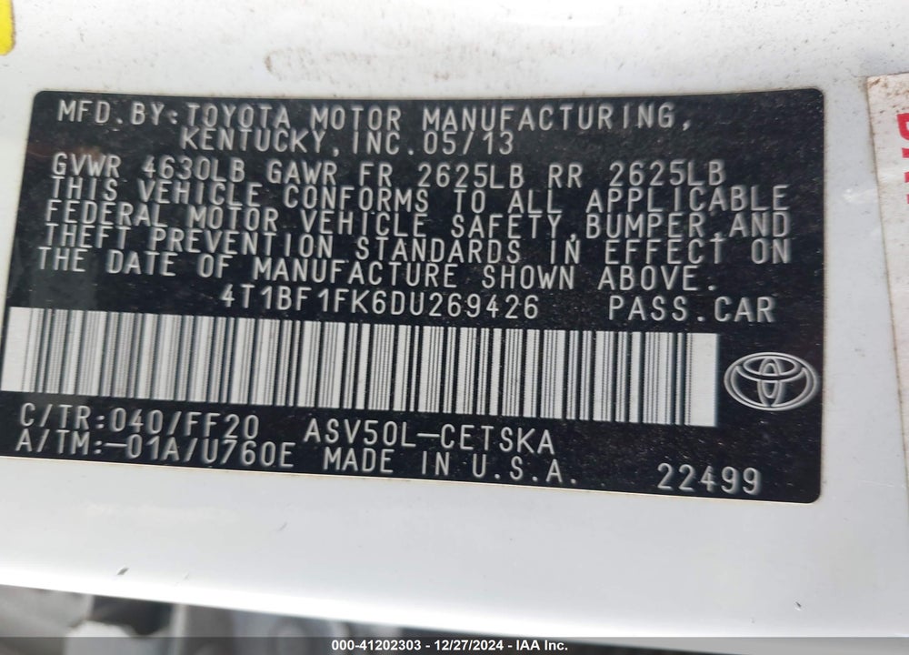 2013 TOYOTA CAMRY SE VIN: 4T1BF1FK6DU269426