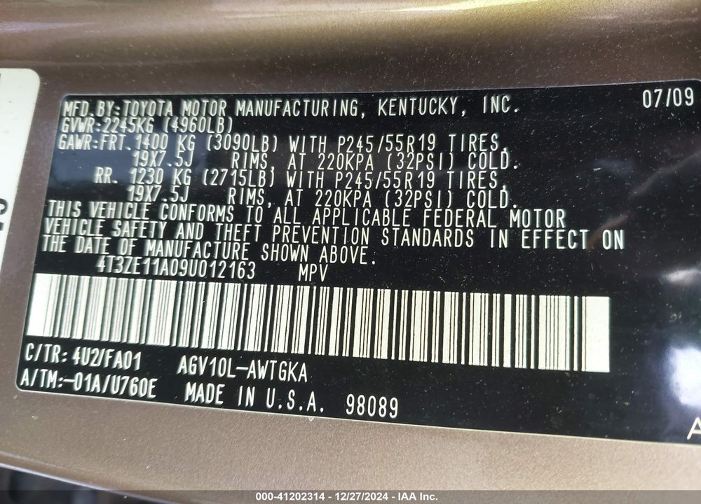 2009 TOYOTA VENZA BASE (A6) VIN: 4T3ZE11A09U012163