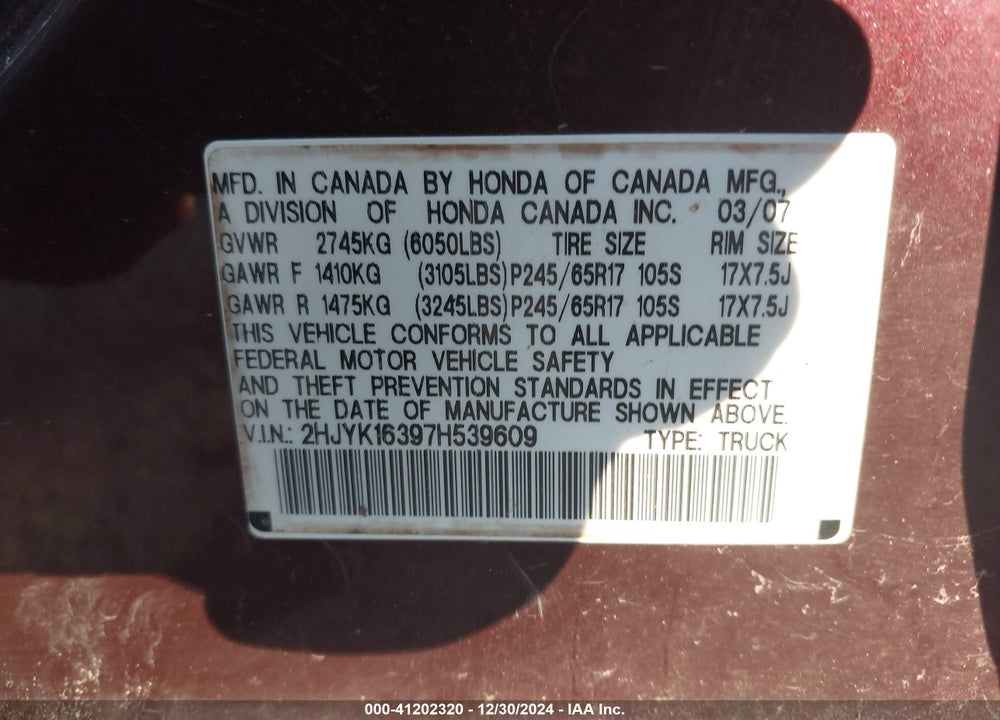 2007 HONDA RIDGELINE RTX VIN: 2HJYK16397H539609