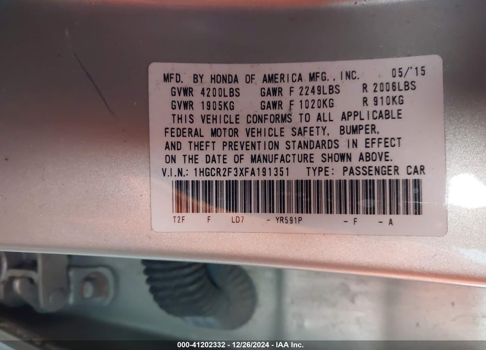 2015 HONDA ACCORD LX VIN: 1HGCR2F3XFA191351