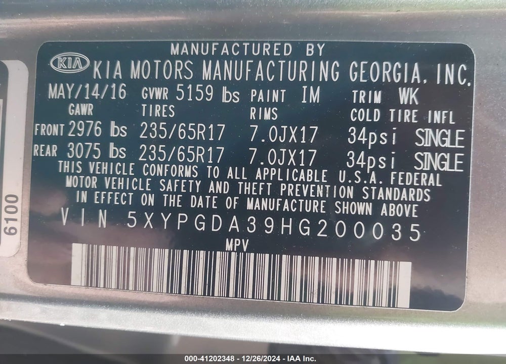 2017 KIA SORENTO 2.4L LX VIN: 5XYPGDA39HG200035