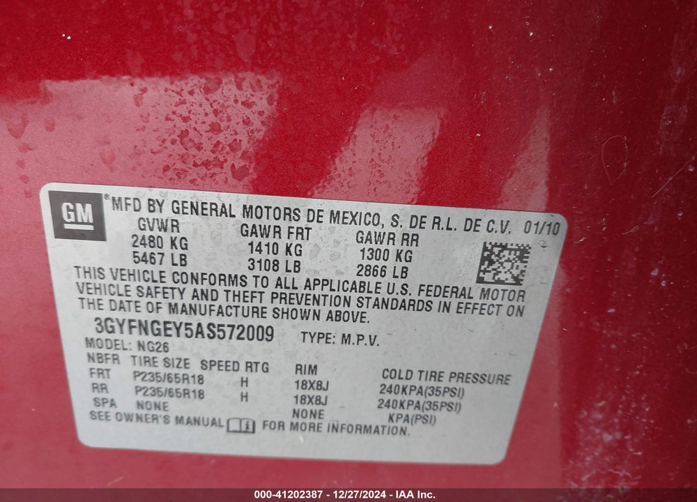 2010 CADILLAC SRX STANDARD VIN: 3GYFNGEY5AS572009