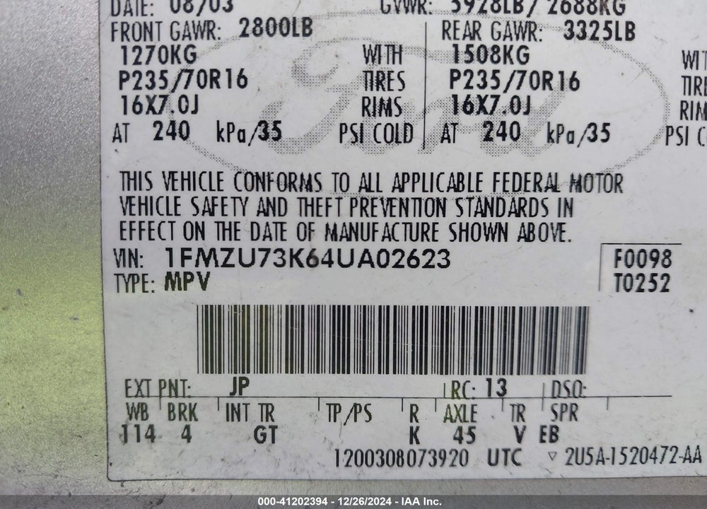 2004 FORD EXPLORER VIN: 1FMZU73K64UA02623