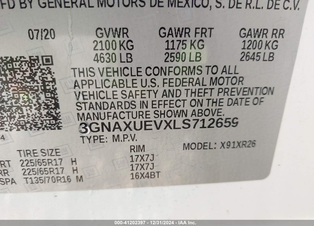 2020 CHEVROLET EQUINOX AWD LT 1.5L TURBO VIN: 3GNAXUEVXLS712659