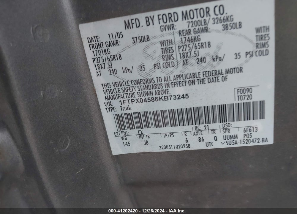 2006 FORD F-150 VIN: 1FTPX04586KB73245