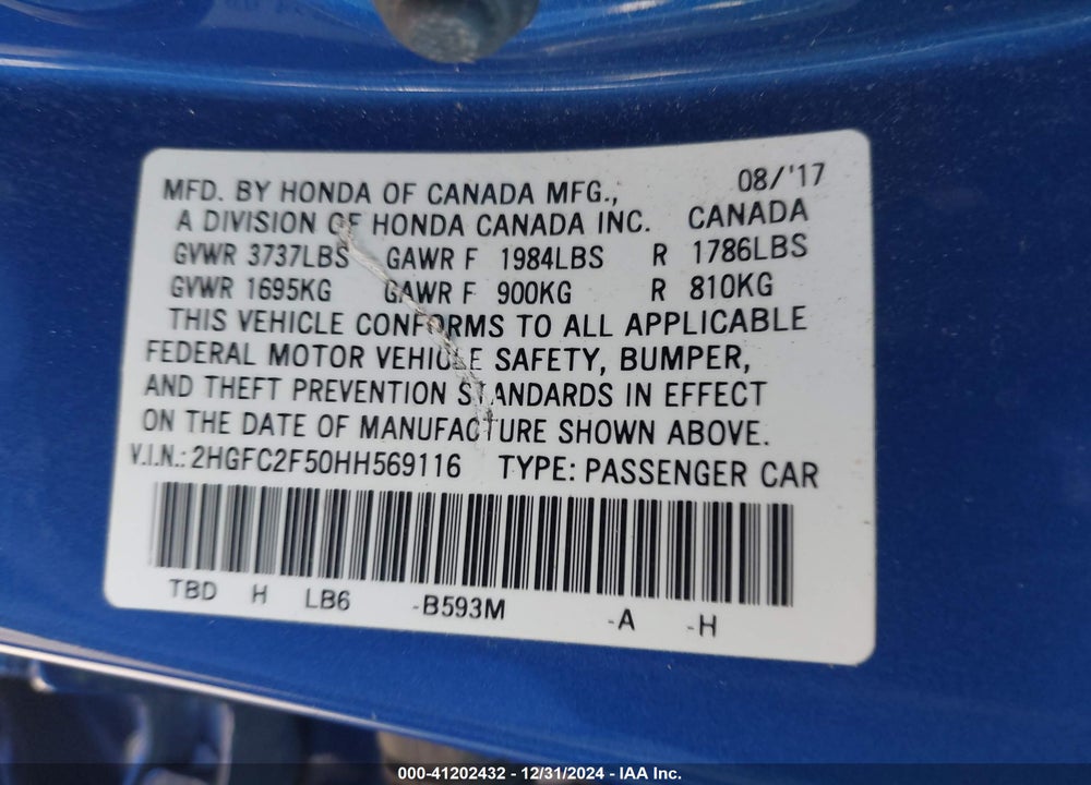2017 HONDA CIVIC LX VIN: 2HGFC2F50HH569116