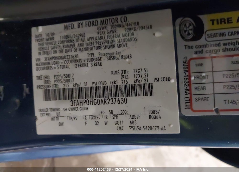 2010 FORD FUSION VIN: 3FAHP0HG0AR237630