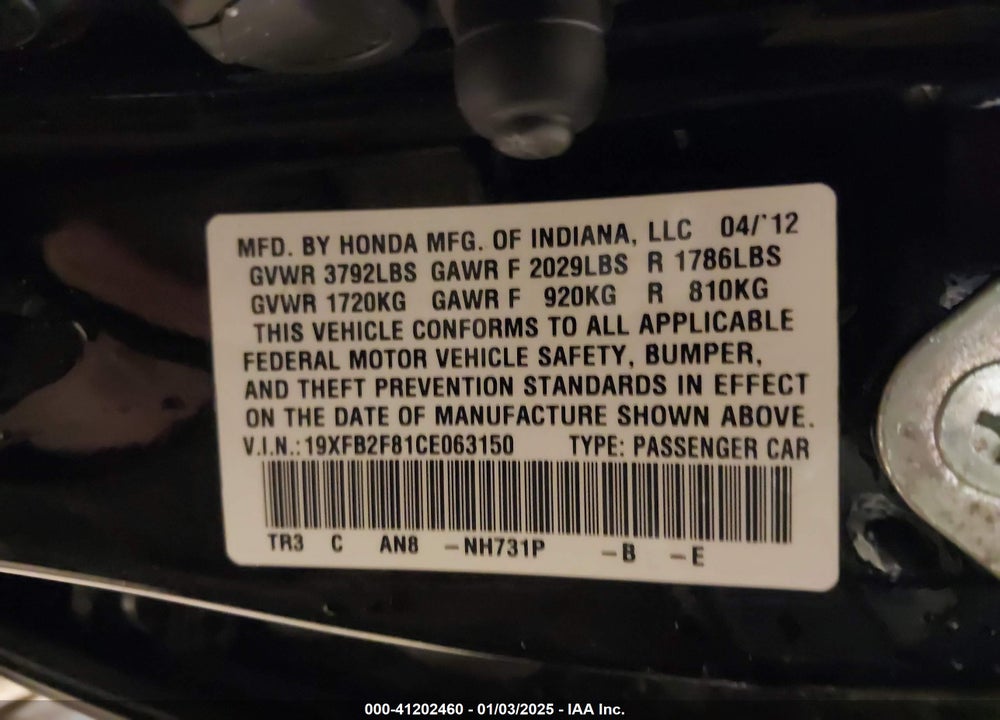 2012 HONDA CIVIC EX VIN: 19XFB2F81CE063150