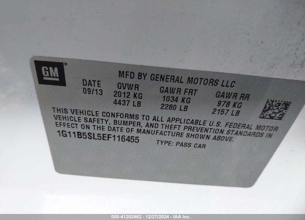 2014 CHEVROLET MALIBU 1LS VIN: 1G11B5SL5EF116455