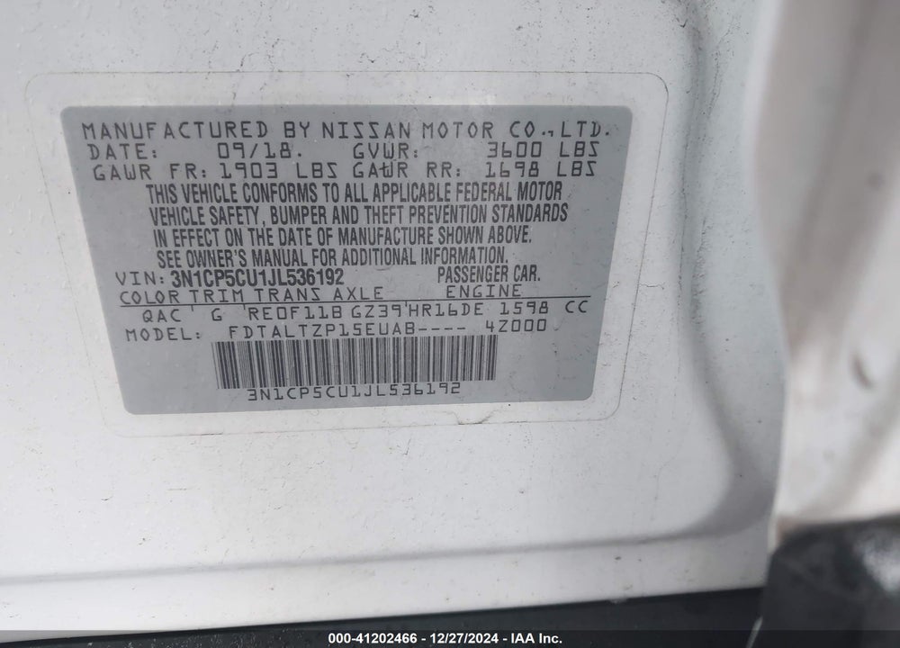 2018 NISSAN KICKS SR VIN: 3N1CP5CU1JL536192