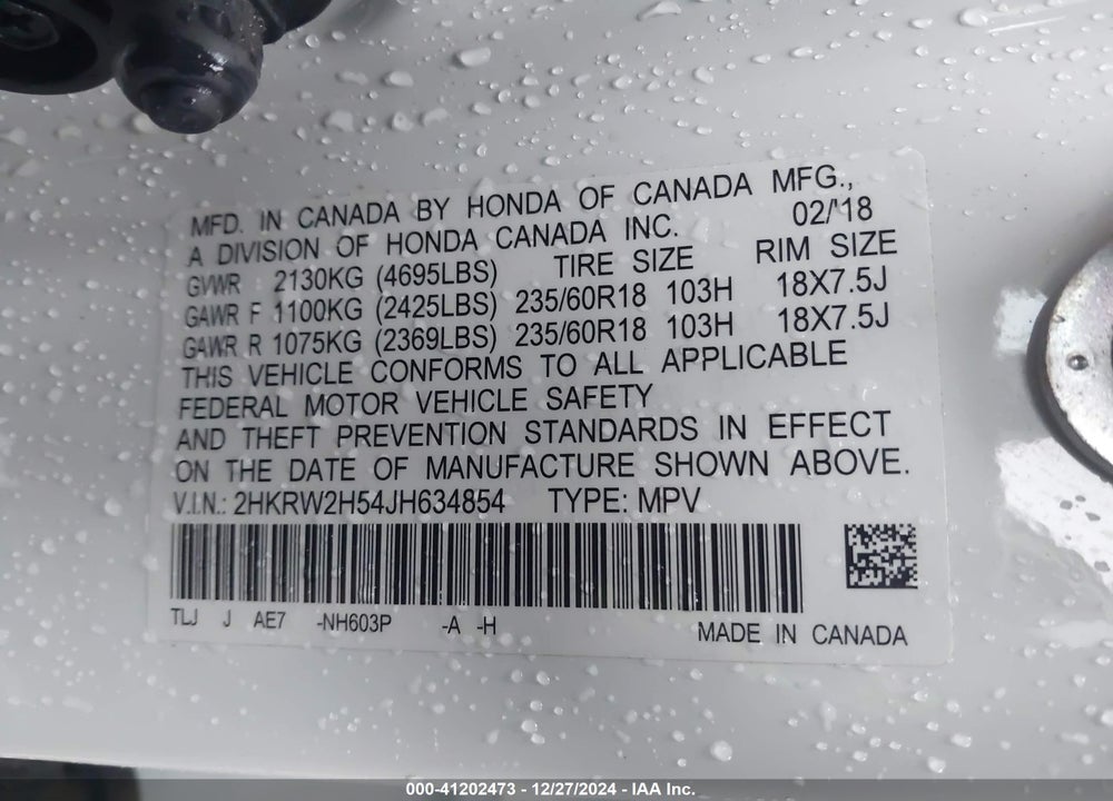 2018 HONDA CR-V EX VIN: 2HKRW2H54JH634854