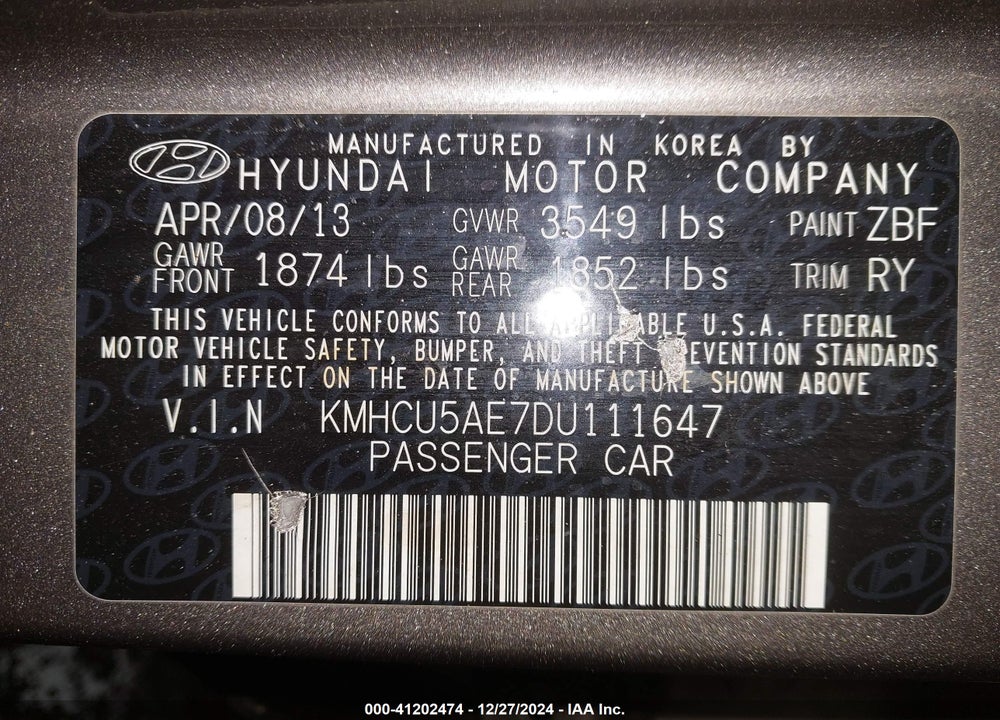 2013 HYUNDAI ACCENT VIN: KMHCU5AE7DU111647